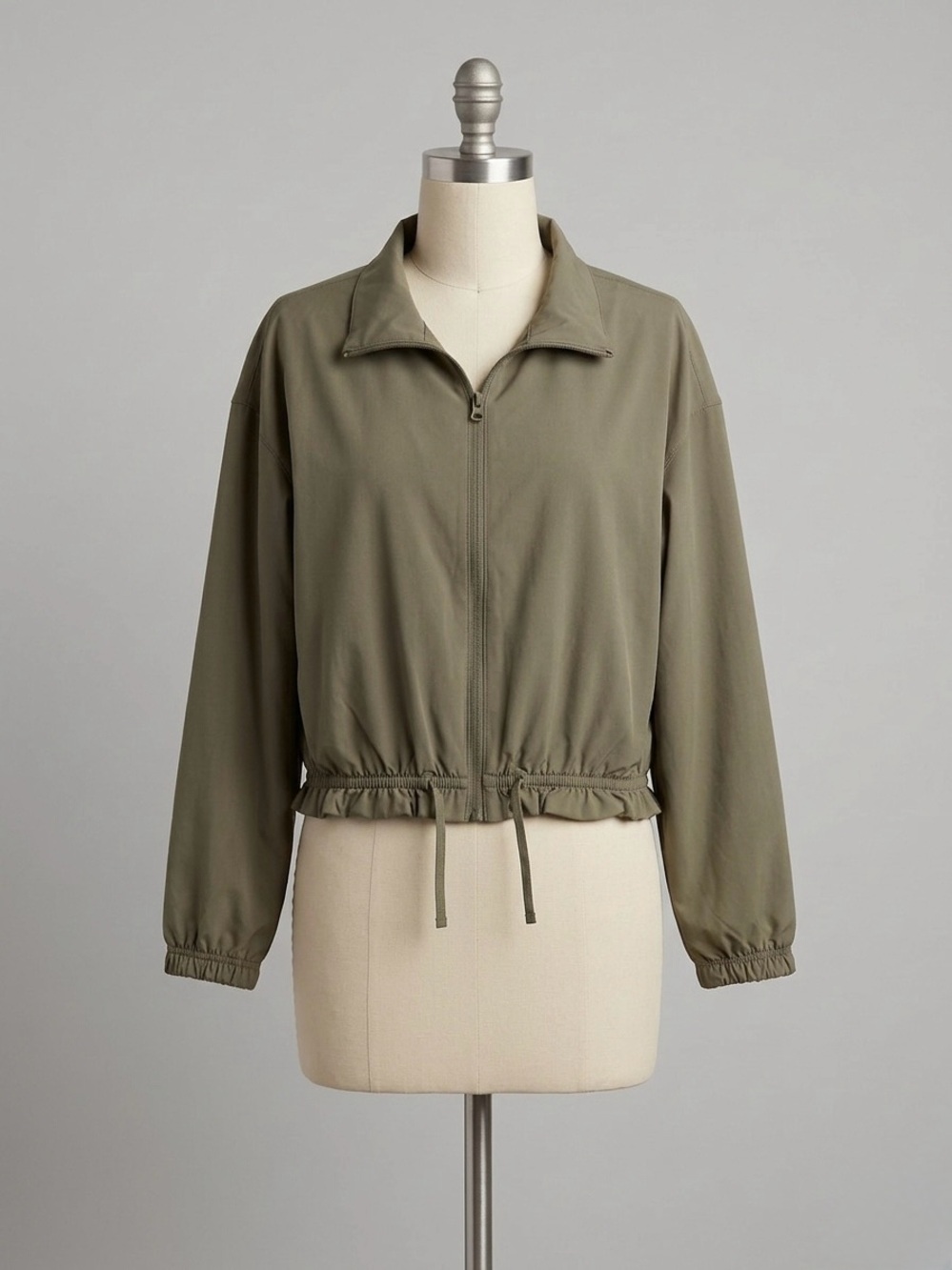 Olive Zip-Front Drawstring Activewear Jacket